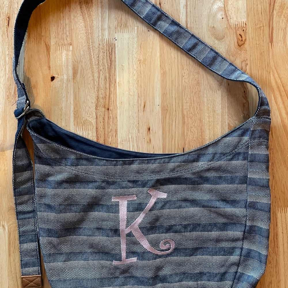 Thirty-One Blue Striped Monogramed Shoulder Bag Crossbody
